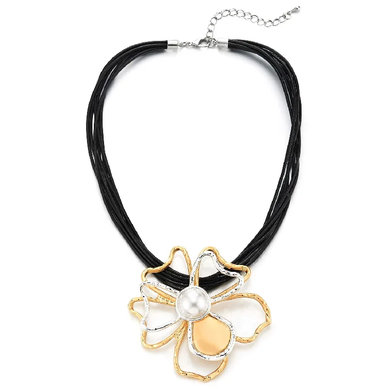 women spiral necklaces -Multi-strand Black Leather Rope Statement Necklace Pearl Silver Gold Wire Flower Camellia Charm