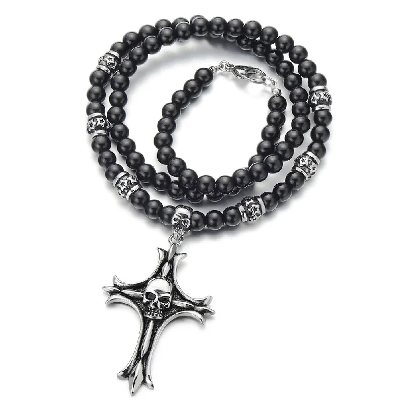 women butterfly necklaces -Gothic Style Black Onyx Beads Necklace for Men, Featuring Stainless Steel Cross Skulls, Ideal for Casual Wear or Themed Events