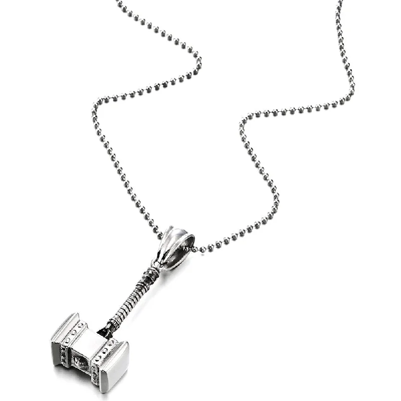 women silver necklaces -Stainless Steel Thrall Doom Hammer Pendant Necklace for Man with 30 inches Ball Chain