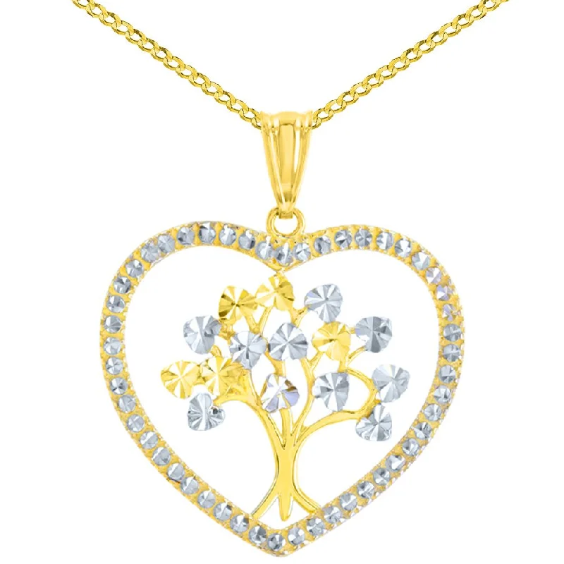 women fancy necklaces -Polished 14K Yellow Gold Textured Heart Shaped Tree of Life Pendant Cuban Chain Necklace