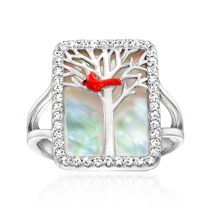 women platinum engagement rings -Ross-Simons Mother-Of-Pearl and White Topaz Cardinal Ring With Multicolored Enamel in Sterling Silver