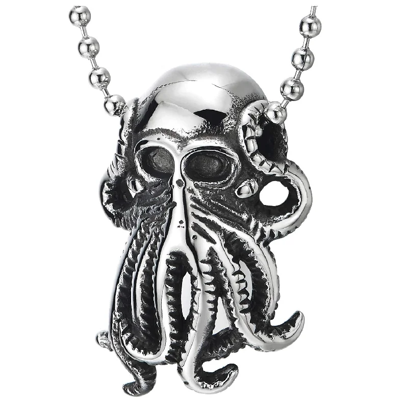 women chic necklaces -Steel Mens Womens Mat Black Octopus Skull Pendant Necklace with 23.6 inches Ball Chain, Gothic Punk