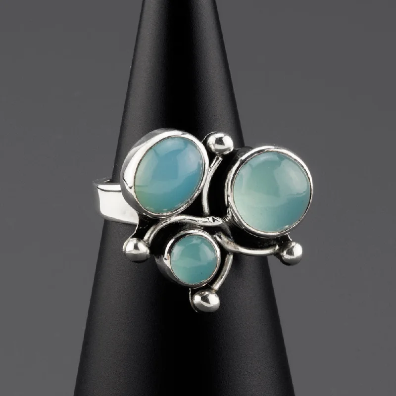 women sterling silver engagement rings -Blue Chalcedony Triple Stone Ring