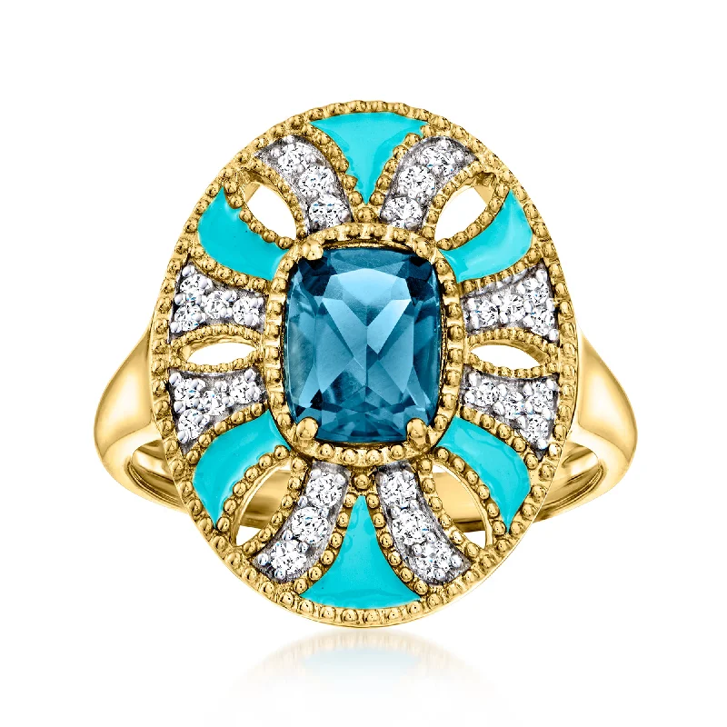 women engagement rings -Ross-Simons London Blue Topaz Ring With . White Topaz and Turquoise Enamel in 18kt Gold Over Sterling