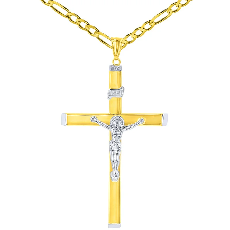 women simple pendant necklaces -High Polish 14K Two-Tone Gold Large Cross Catholic Crucifix Pendant Necklace