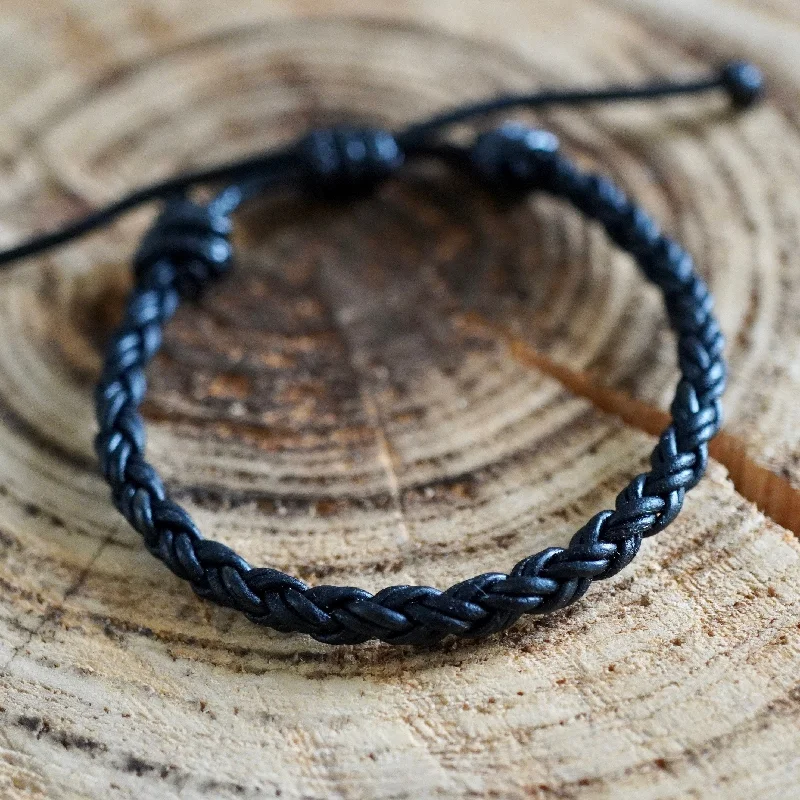 women floral bracelets -Key West Black Braided Leather Bracelet Unisex