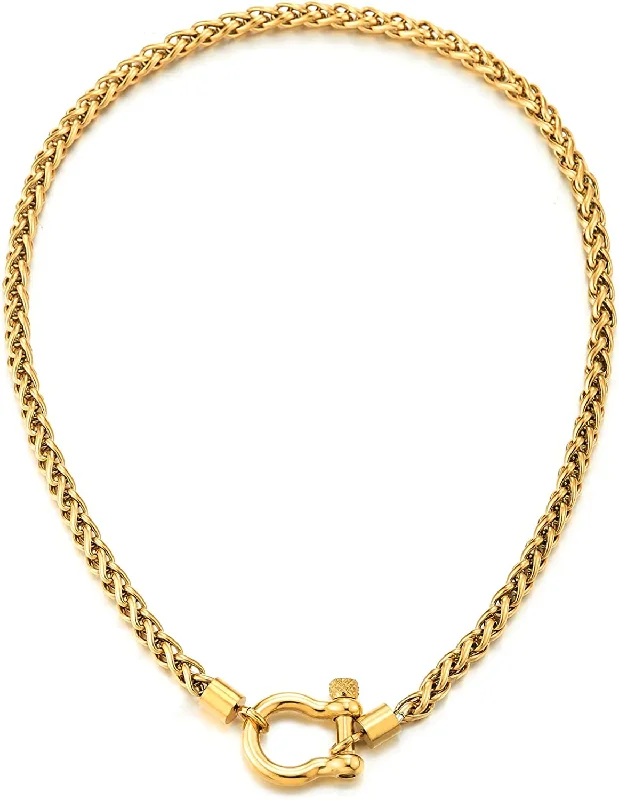 women gold chain necklaces -COOLSTEELANDBEYOND Mens Women Steel Gold Color Foxtail Wheat Chain Necklace, Screw Anchor Shackle Nautical Sailor Clasp