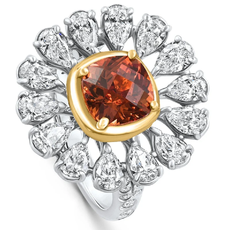 women two-tone engagement rings -Designer 7.52Ct Orange Lab Sapphire & Pear Shape Diamond Ring 18k Gold 10.2gram