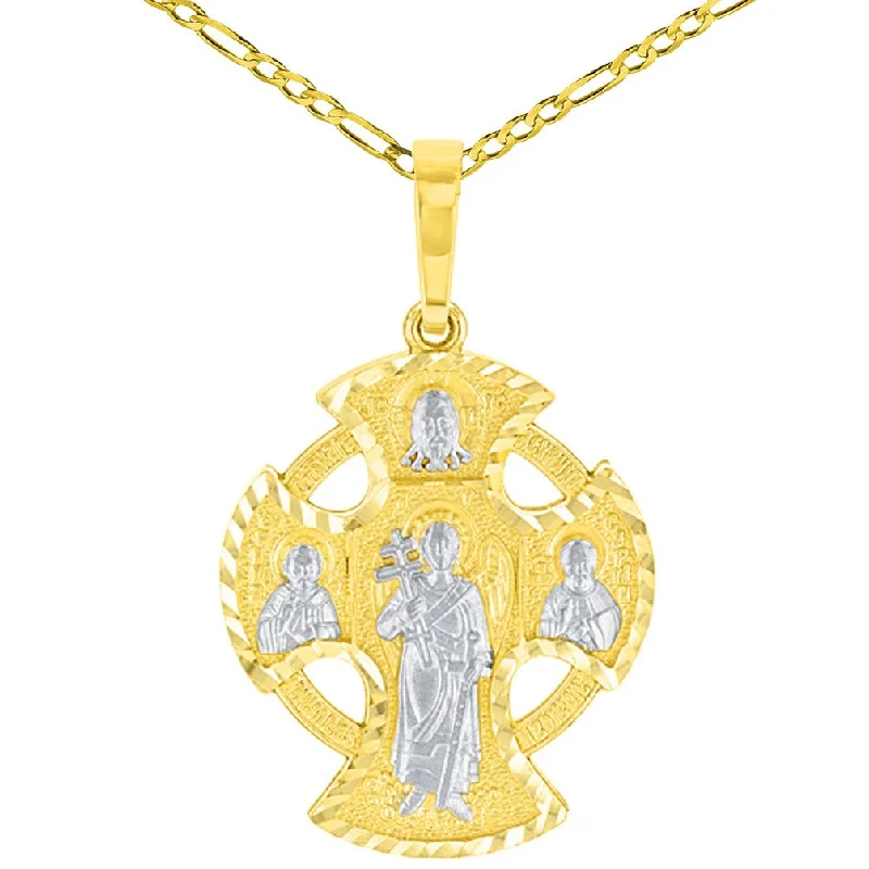 women heart necklaces -Solid 14K Yellow Gold Textured Celtic Cross Charm with Saints Pendant Figaro Chain Necklace