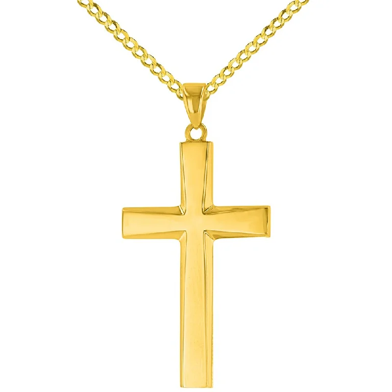 women engraved gold necklaces -14K Yellow Gold Plain and Simple Religious Cross Pendant with Cuban Curb Chain Necklace