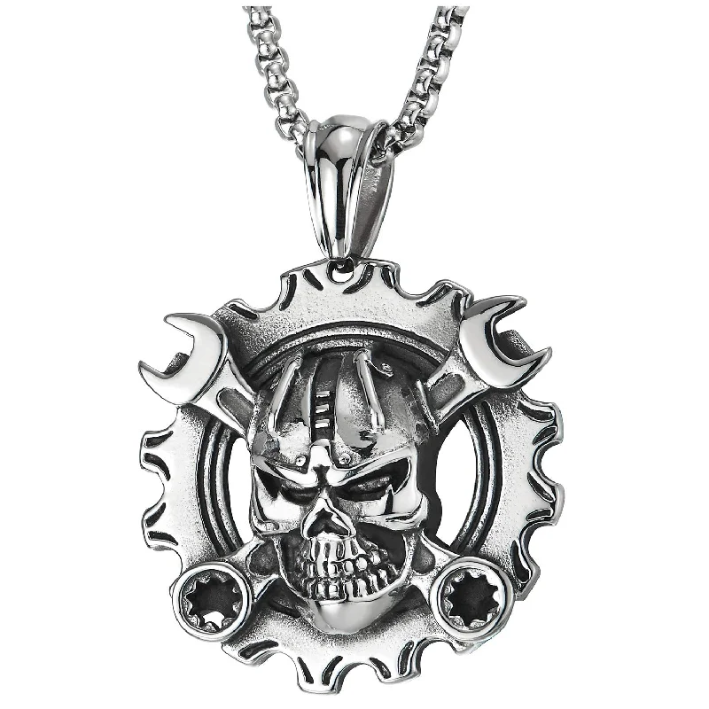 women crystal pendant necklaces -Mens Steel Vintage Mechanic Wrench Gear Wheel Skull Pendant Necklace 30 in Wheat Chain Biker Gothic