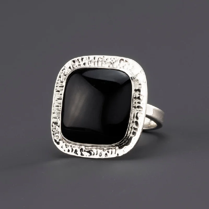 women bold statement rings -Square Silver and Black Obsidian Ring