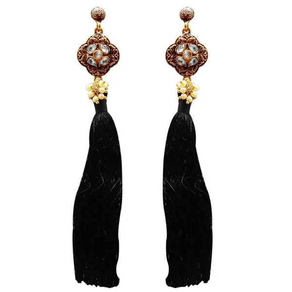 women bold earrings -Tip Top Fashions Gold Plated Kundan Pearl Black Thread Earring - 1311414C