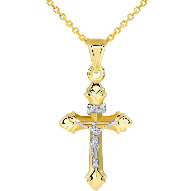 women layered necklaces -14k Yellow Gold Small INRI Fleur-de-Lis Two Tone Crucifix Cross Pendant Necklace