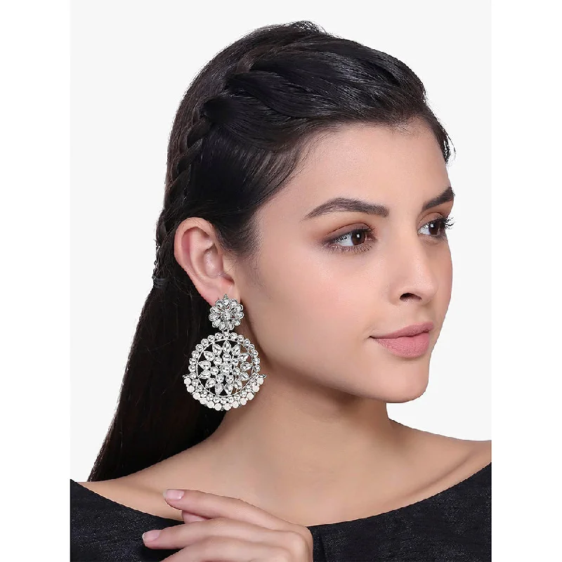 women pearl stud earrings -Etnico 18k Rhodium Plated Chandbali Earrings Glided With Kundans For Women/Girls (E2462ZW)