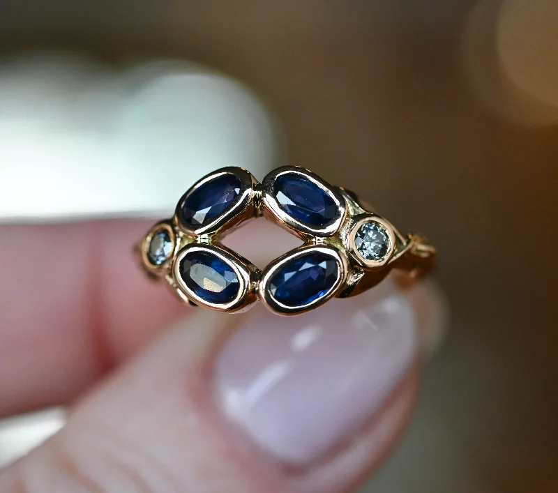 women cubic zirconia rings -14k Yellow Gold Blue Sapphire & Diamond Ring - size 7.75