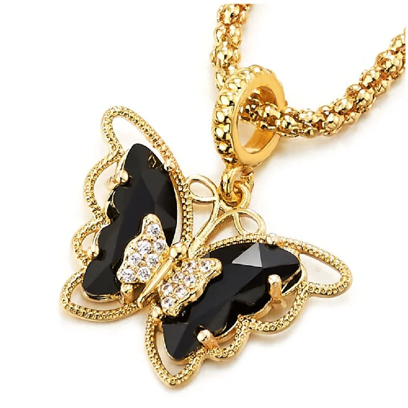 women wedding day necklaces -Womens Gold Color Butterfly Pendant Necklace with Black Cubic Zirconia and Rhinestones