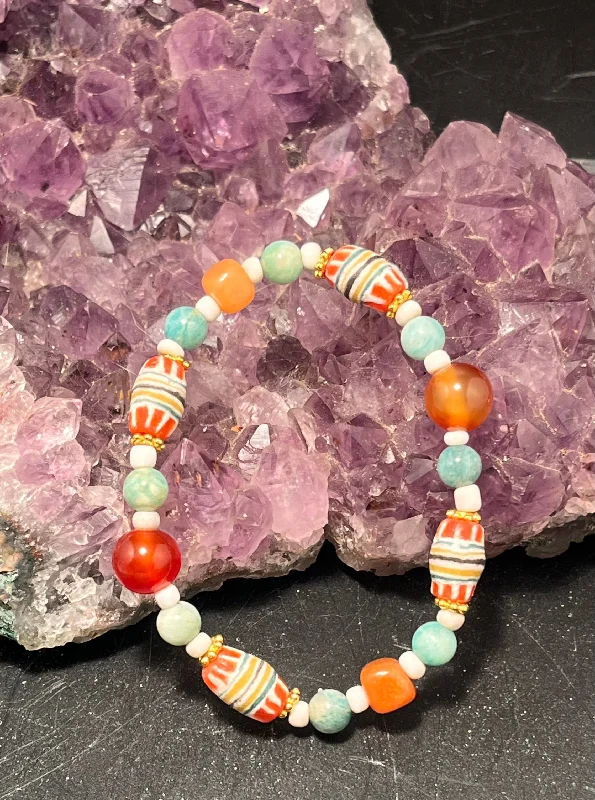 women bracelets -African Beads, Amazonite, Carnelian and Red Orange Aventurine Stretchy Bracelet