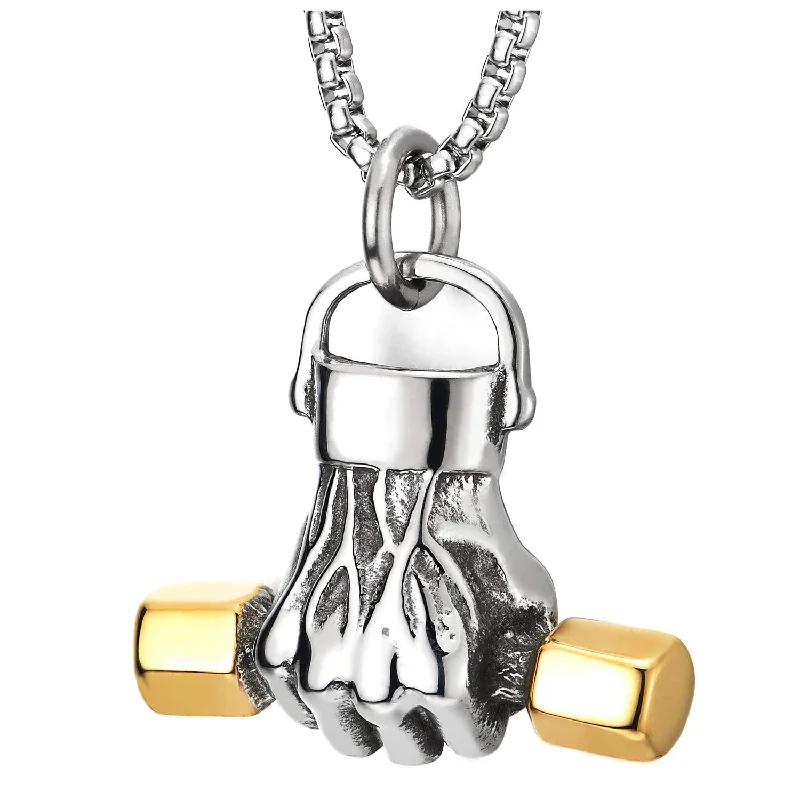 women twisted chain necklaces -Men Steel Hand Weight Lifting Barbell Dumbbell Pendant Necklace with 30 in Chain, Silver Gold