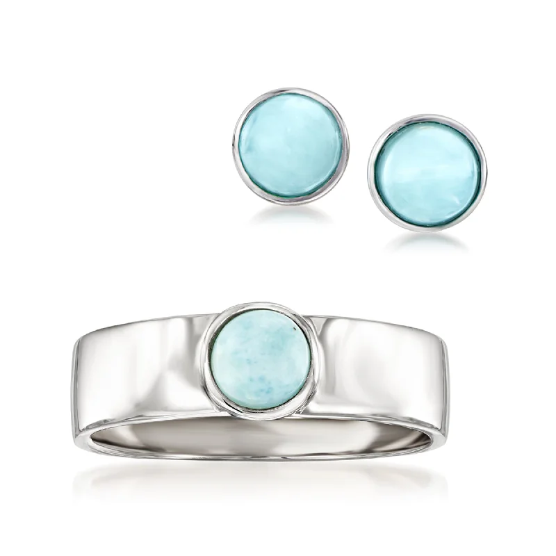 women engagement rings with matching bands -Ross-Simons Larimar Jewelry Set: Stud Earrings and Ring in Sterling Silver