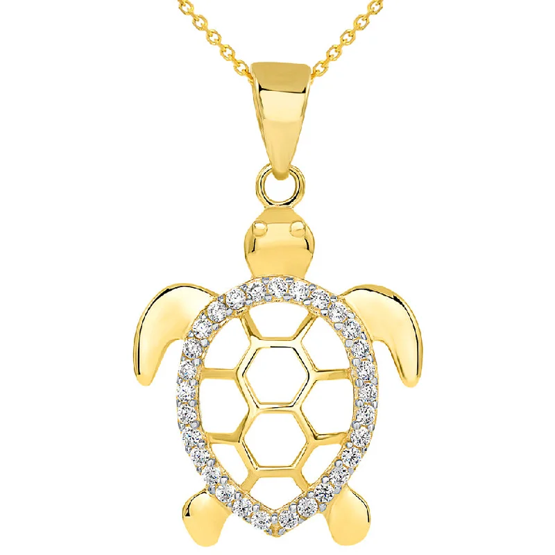 women gold chain necklaces -14k Yellow Gold CZ Open Shell Sea Turtle Good Luck Pendant Necklace