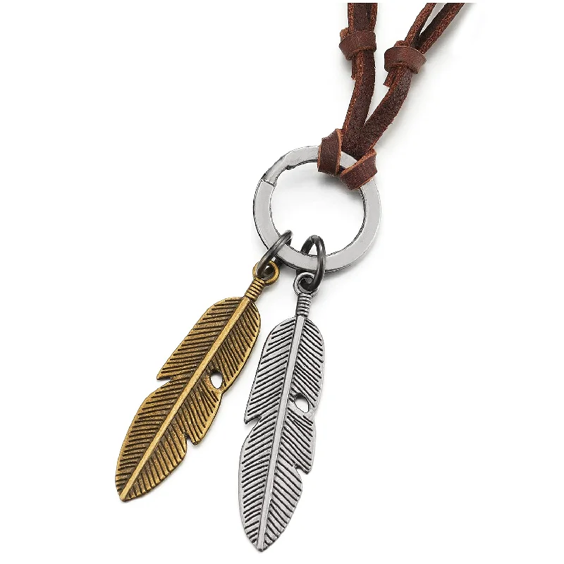 women custom charm necklaces -Mens Women Two Aged Brass Bronze Feathers Pendant Adjustable Brown Leather Cord Unisex Necklace