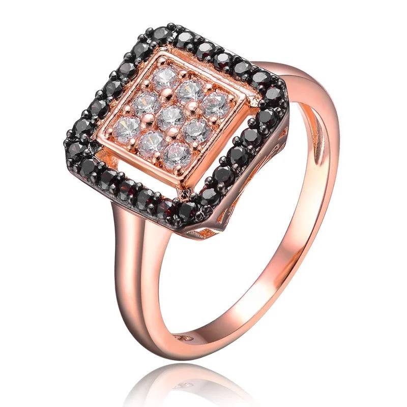 women unique engagement rings -Sterling Silver 18k Rose Gold Plated with Black and Clear Cubic Zirconia Pave Ring