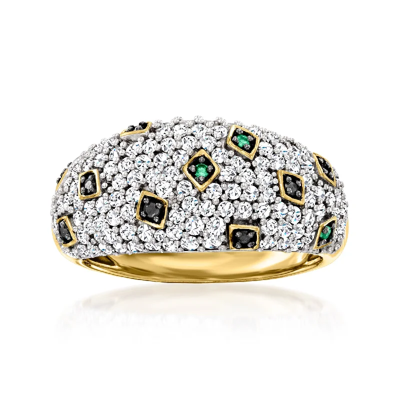 women floral engagement rings -Ross-Simons White and Black Diamond Ring With Emerald Accents in 18kt Gold Over Sterling