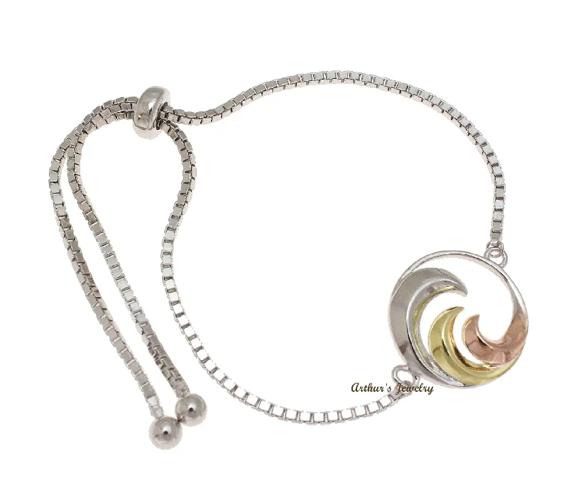 women silver bangles -Silver 925 Tricolor Hawaiian Ocean Wave Sliding Bead Chain Adjustable Bracelet