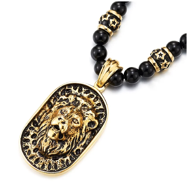 women vintage-style necklaces -Gothic Style Mens Black Onyx Beads Necklace with Gold Black Stainless Steel Lion Head Shield Pendant