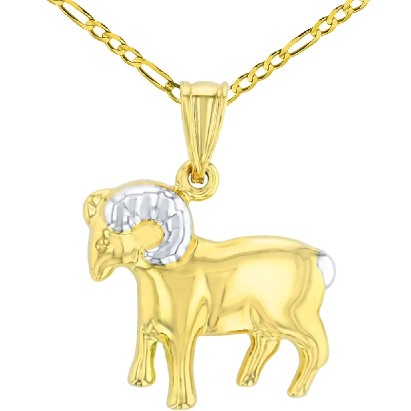 women vintage-style necklaces -High Polish 14K Yellow Gold Aries Zodiac Sign Pendant Ram Charm Figaro Chain Necklace