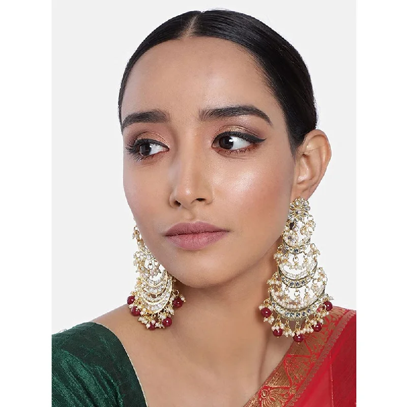 women fashion earrings -Etnico 18k Gold Plated 3 Layered Beaded Chandbali Earrings with Kundan and Pearl Work for Women (E2859M)