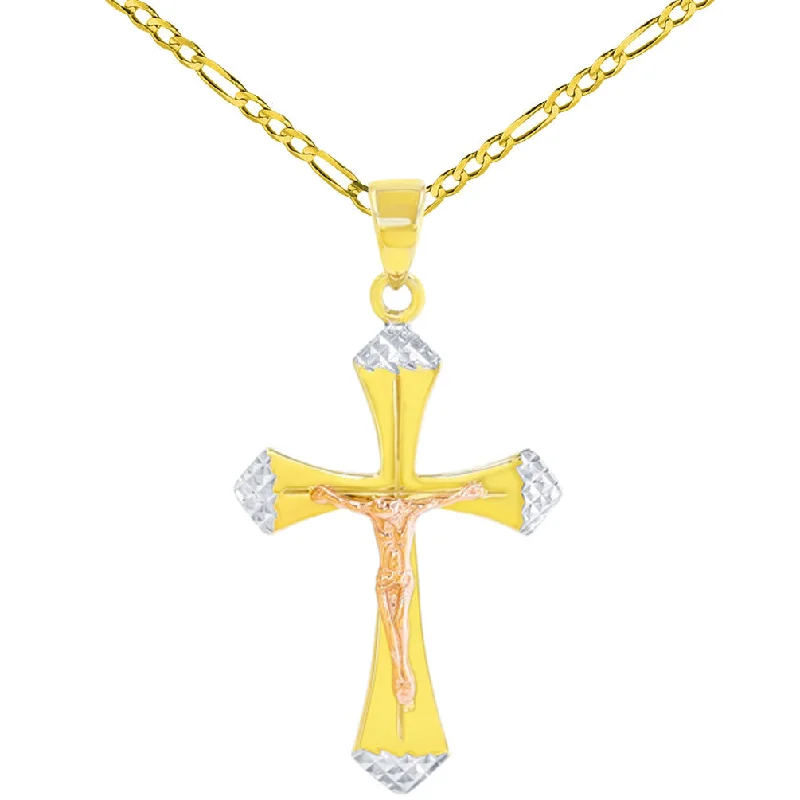 women zodiac necklaces -Textured 14K Yellow Gold & Rose Gold Two Tone Cross Crucifix Pendant Figaro Chain Necklace