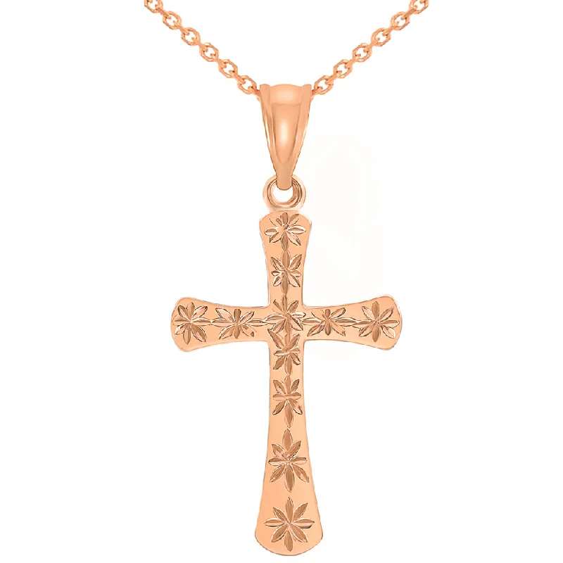 women birthstone necklaces -High Polished 14k Rose Gold Textured Star Cut Religious Cross Pendant Necklace with Rolo Cable Chain