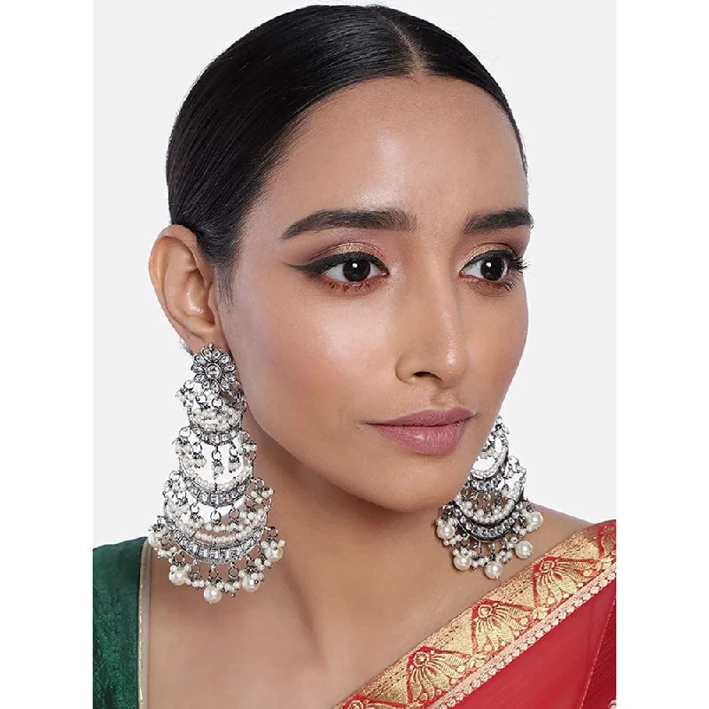 women vintage earrings -Etnico 18k Silver Oxidised 3 Layered Chandbali Earrings with Kundan and Pearl Work for Women (E2859OX)