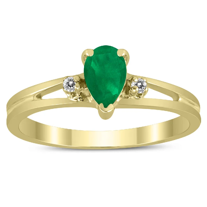 women custom diamond engagement rings -6X4Mm Emerald And Diamond Pear Shaped Open Three Stone Ring In 10K Yellow Gold