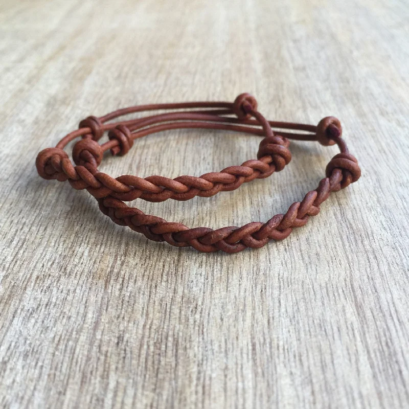 women custom charm bracelets -Juno Natural Brown Couple Leather Bracelets