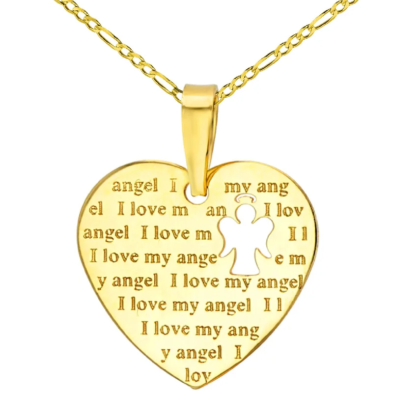 women flower necklaces -14K Yellow Gold Heart Charm with I Love My Angel Script Pendant Figaro Chain Necklace