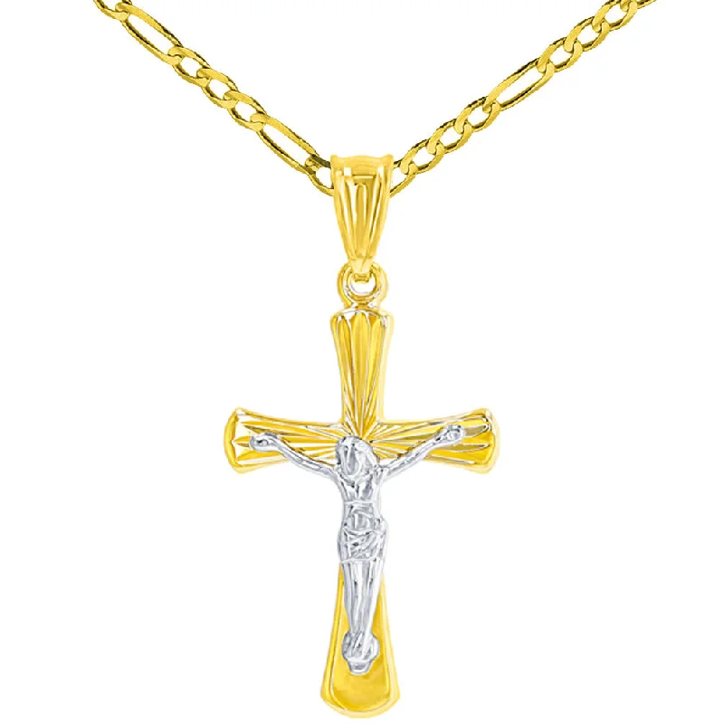 women minimalist pendant necklaces -High Polish 14K Two Tone Gold Textured Cross Passion Crucifix Pendant Necklace