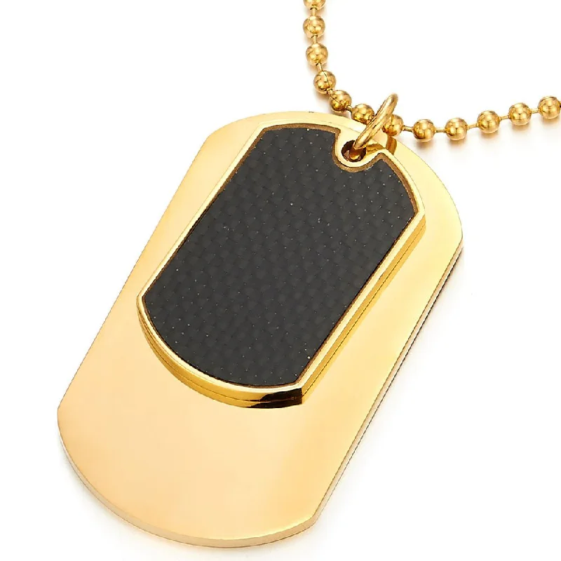 women engraved necklaces -Steel Two-Pieces Gold Color Mens Dog Tag Pendant Necklace with Carbon Fiber and 30 inches Ball Chain