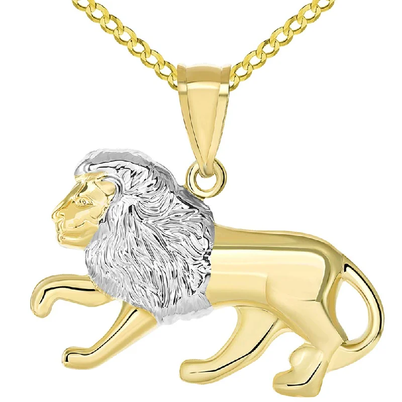 women pendant necklaces -High Polish 14K Yellow Gold Lion Pendant Leo Zodiac Sign Charm with Curb Chain Necklace