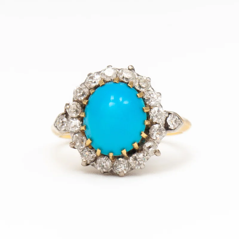 women thick band rings -Turquoise Cabochon Cluster Ring c. 1900