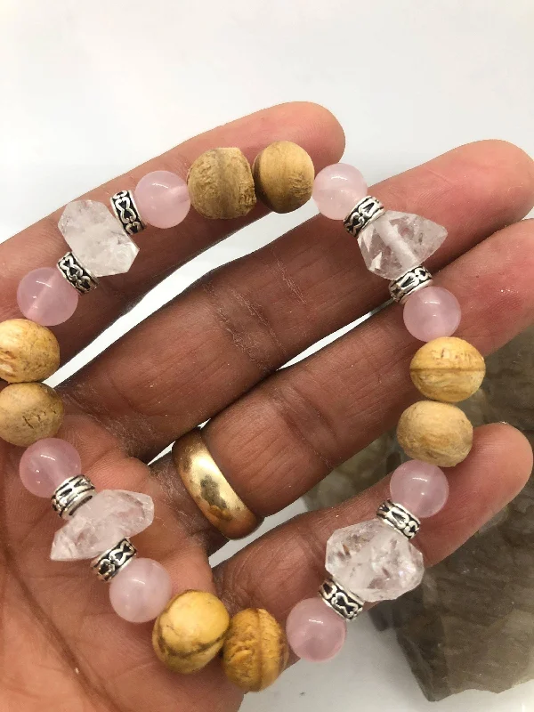 women engraved bangle sets -Rose Quartz, Palo Santo & Herkimer Diamond Stretchy Bracelet