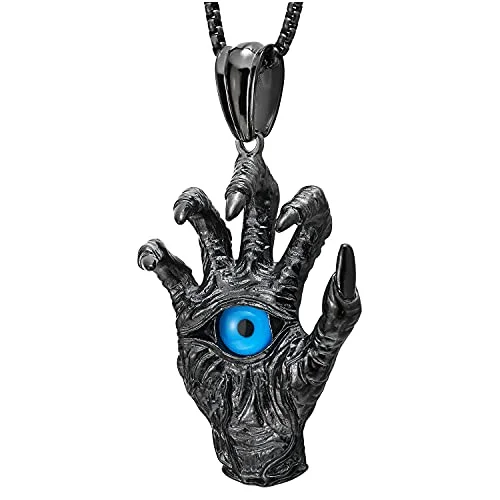 women anniversary necklaces -Gothic Steel Mens Vintage Skeleton Hand Spiked Claw Blue Evil Eye Pendant Necklace, 30 Inches Chain