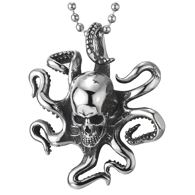 women antique necklaces -Stainless Steel Mens Womens Vintage Octopus Skull Pendant Necklace with 30 inches Ball Chain