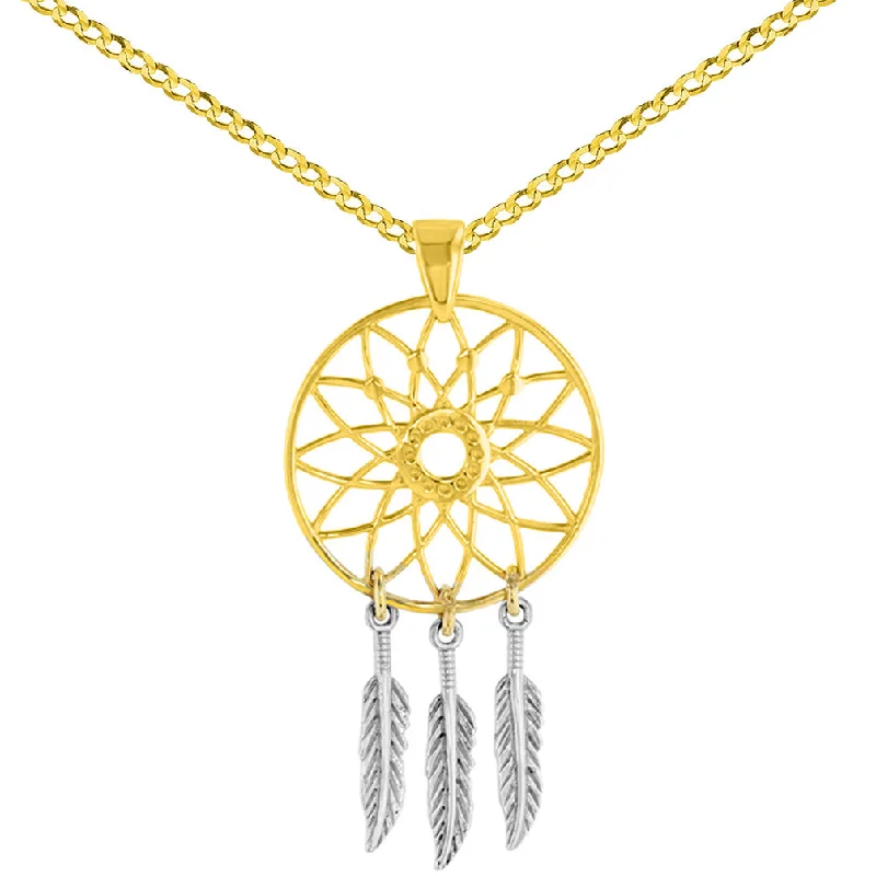 women engagement necklaces -14K Two-Tone Gold Native American Dreamcatcher Charm Pendant with Cuban Necklace