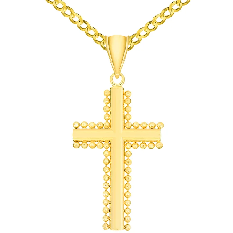 women minimalist necklaces -Solid 14k Yellow Gold Beaded Edged Plain Religious Cross Pendant Necklace with Curb Chain Necklaces