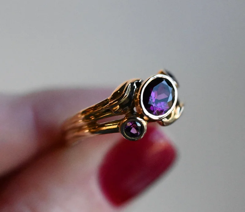 women custom engraved rings -14k Gold Double Band Golden Leaves Purple Sapphire Ring - size 7.5