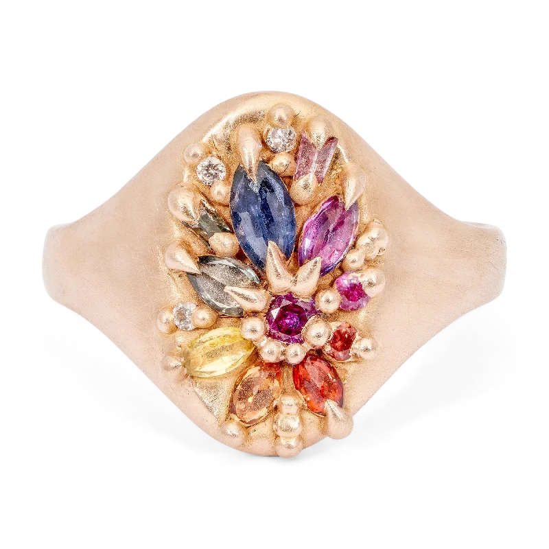 women personalized promise rings -Rainbow Lotus Signet Ring in Rose - Size 7 - 11016