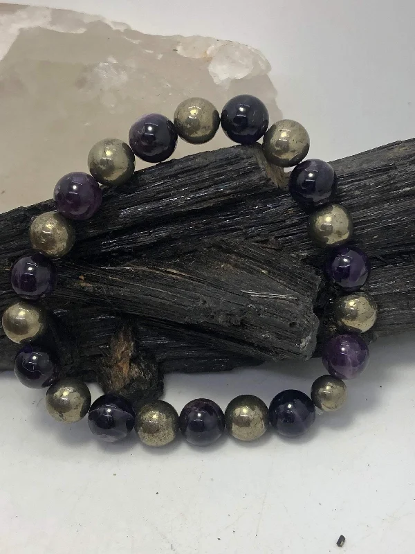 women cuff bracelets -Amethyst and Pyrite Stretchy Bracelet